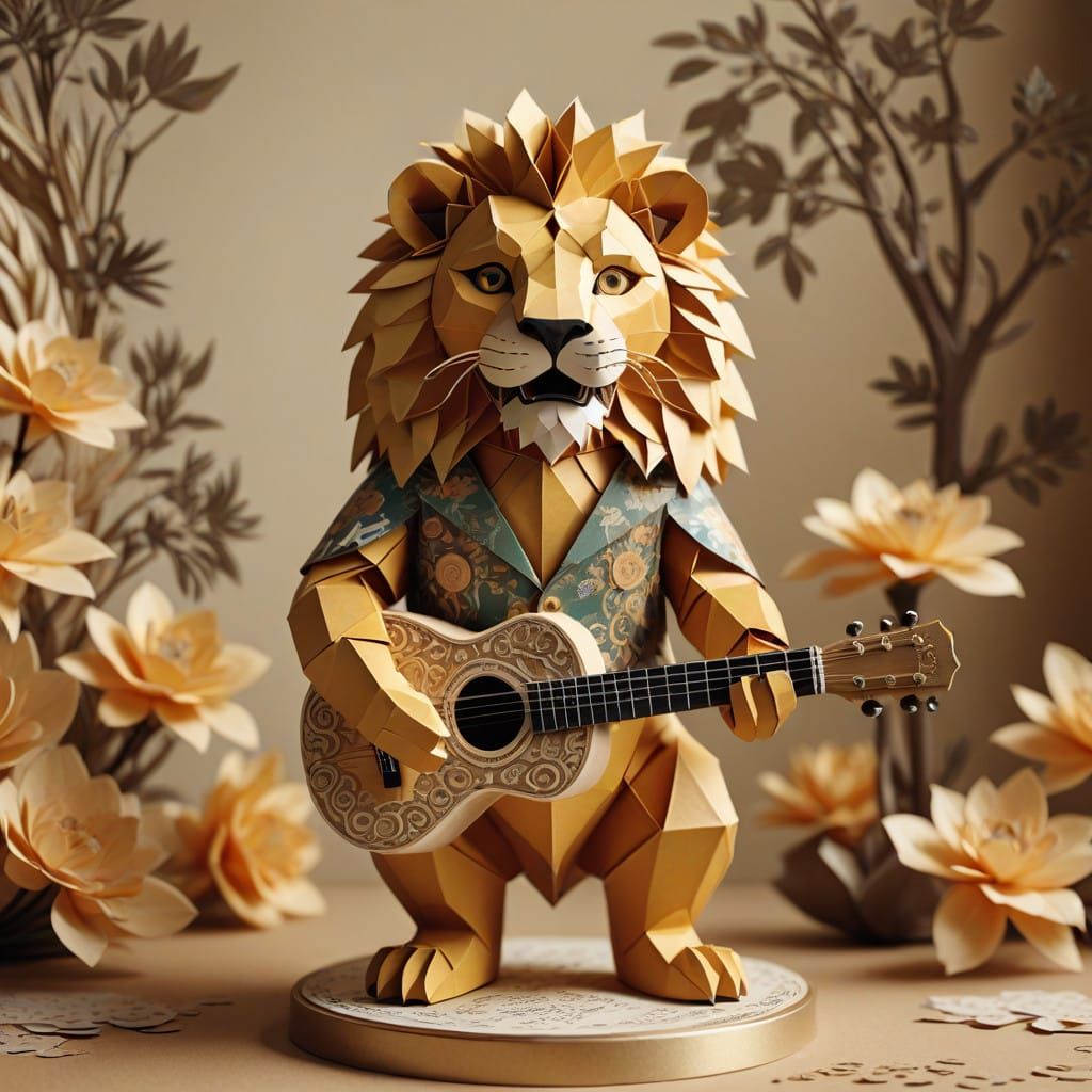 Majestic Lion Performs on Whimsical Papercraft Stage