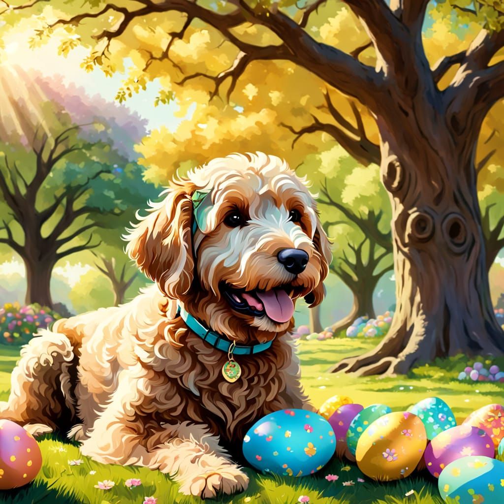 Adorable Golden Doodle with Easter Eggs Under Oak Tree
