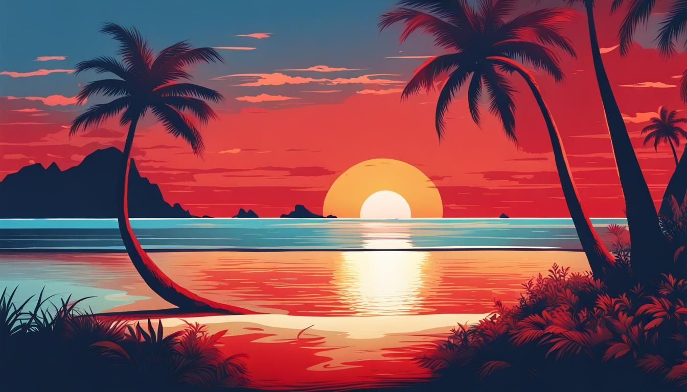 Tropical Island Sunset with Palm Trees and Red Sun