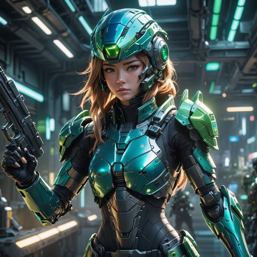 Anime Girl in Futuristic Armor with Gun