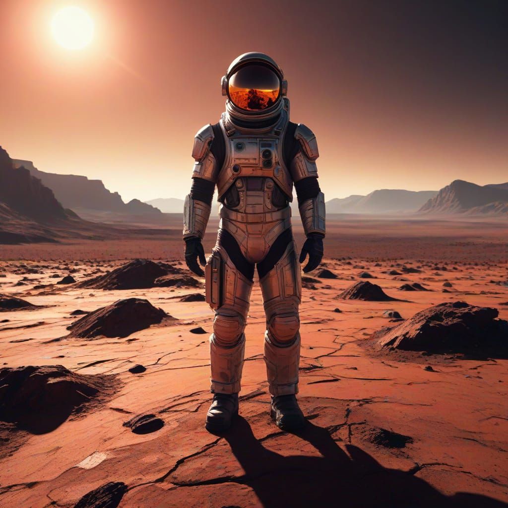 Astronaut on Crimson Planet Under Twin Suns