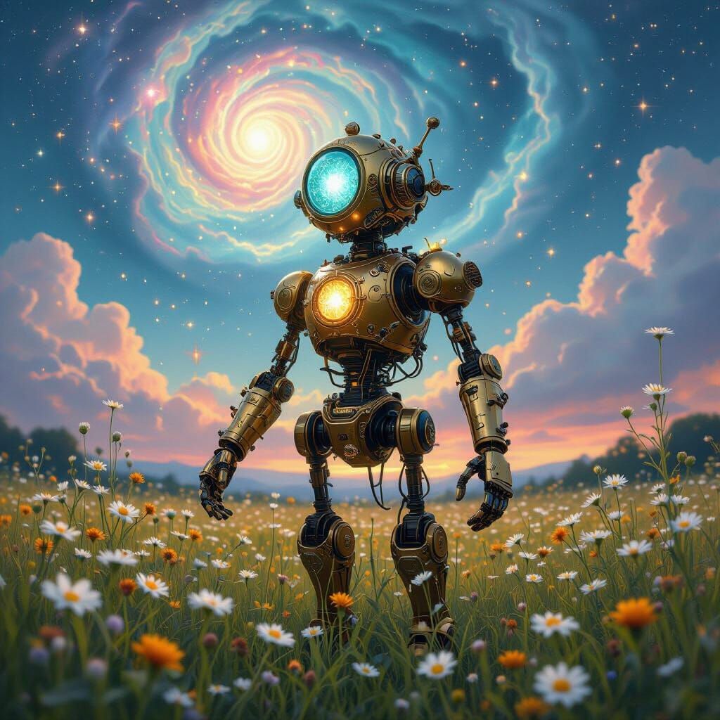 Brass Automaton with Arcane Crystals in Nebula Sky