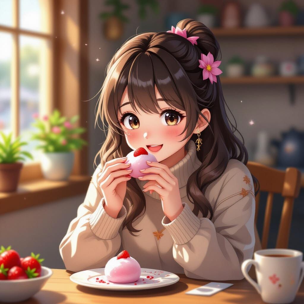 Woman Enjoys Strawberry Mochi in Painterly Style