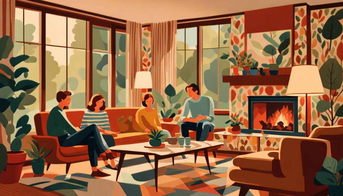 Cozy Family Scene in Mid-Century Modern Style