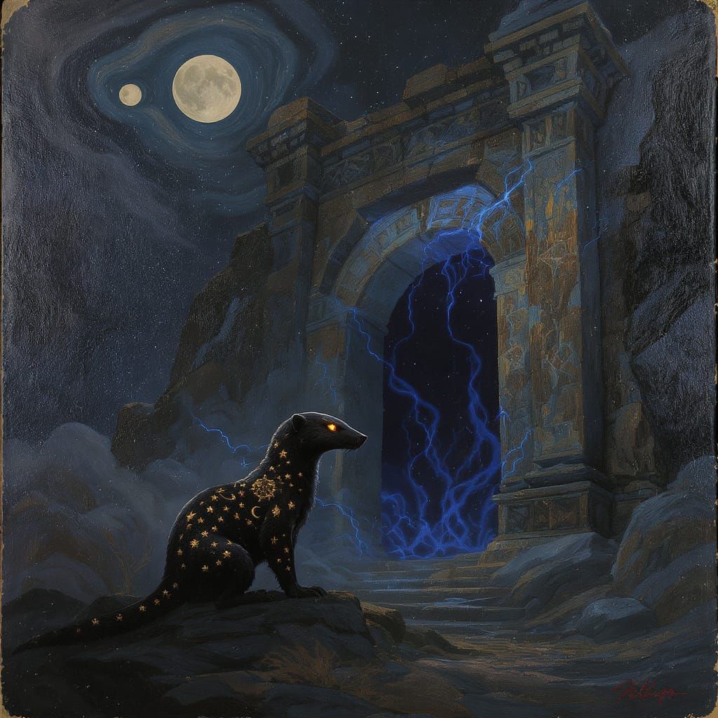 Ancient Mongoose Guards Cosmic Gateway in Dark Fantasy Style