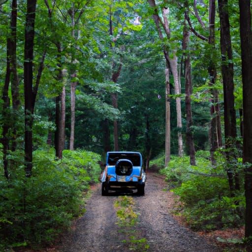 Blue Jeep Embarks on Forest Trail Adventure