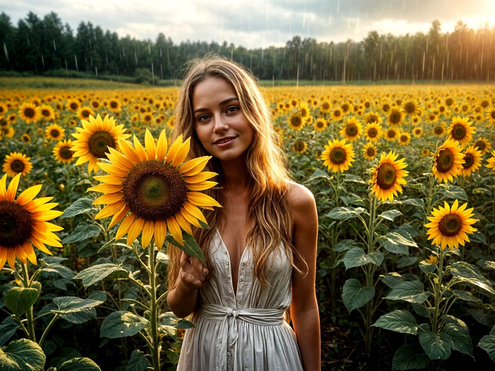 Woman in Sunflower Field During Summer Rain