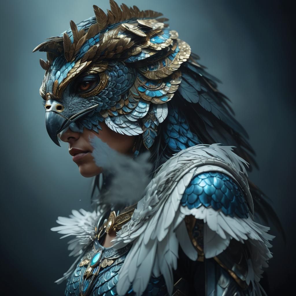 Falcon Woman Portrait in Vibrant Digital Oil Painting Style