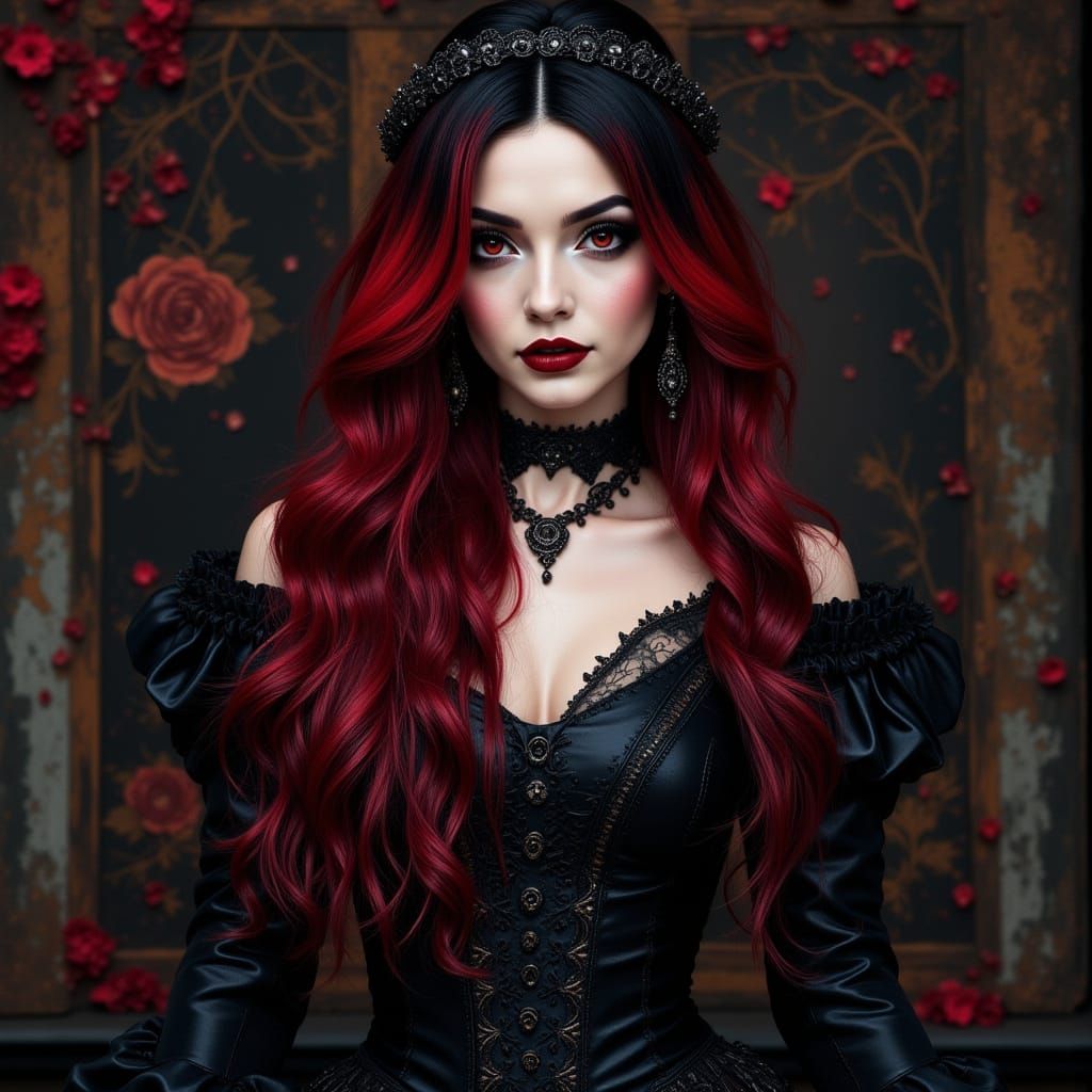 Gothic Goddess with Crimson Hair in Dark Gown