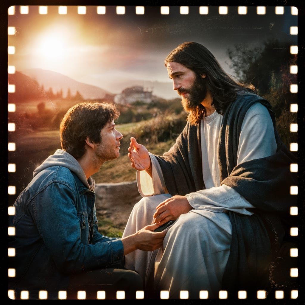 Jesus Advising a Young Man: Cinematic Film Still