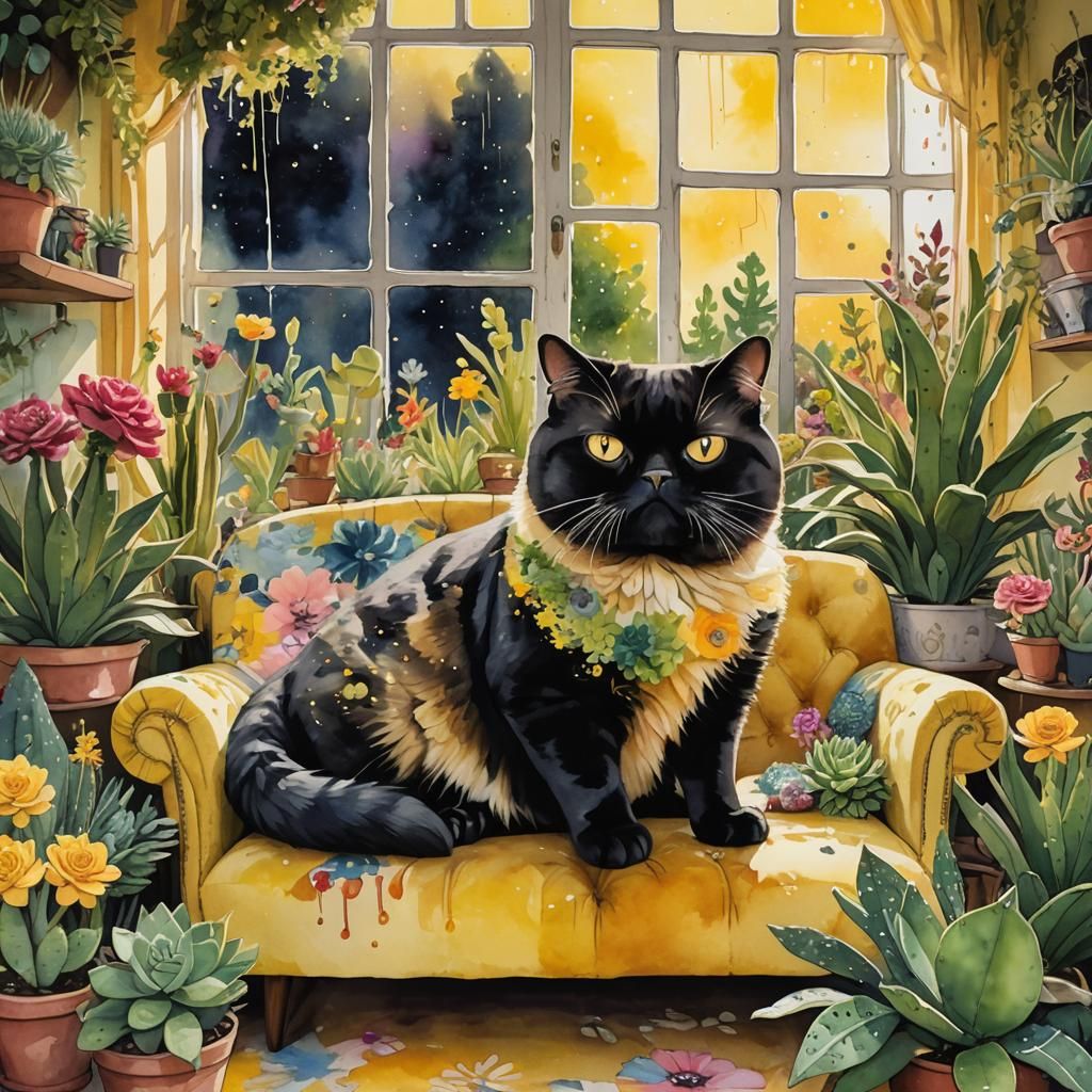 Grumpy Cat on Yellow Couch in Fauvist Splat Art
