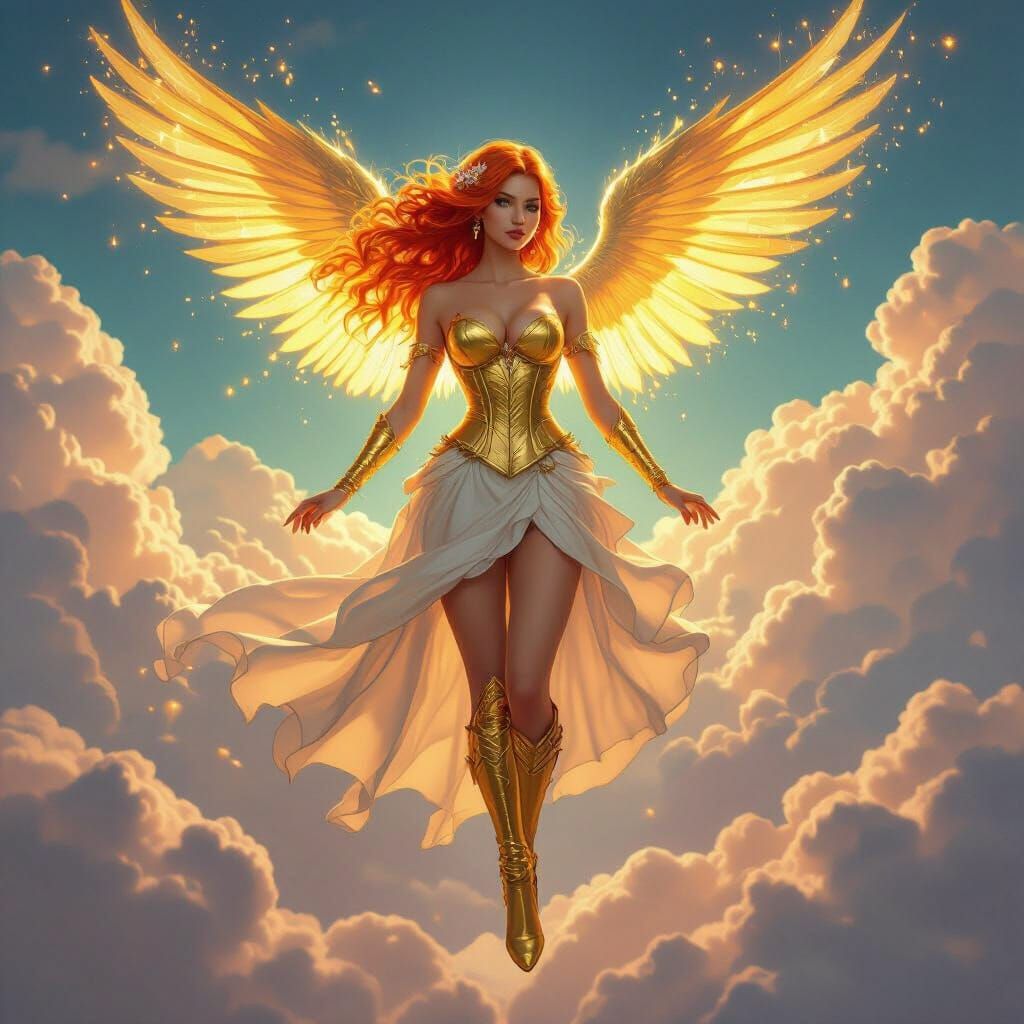 Golden Goddess Descends from Cloud in Splash Art Style