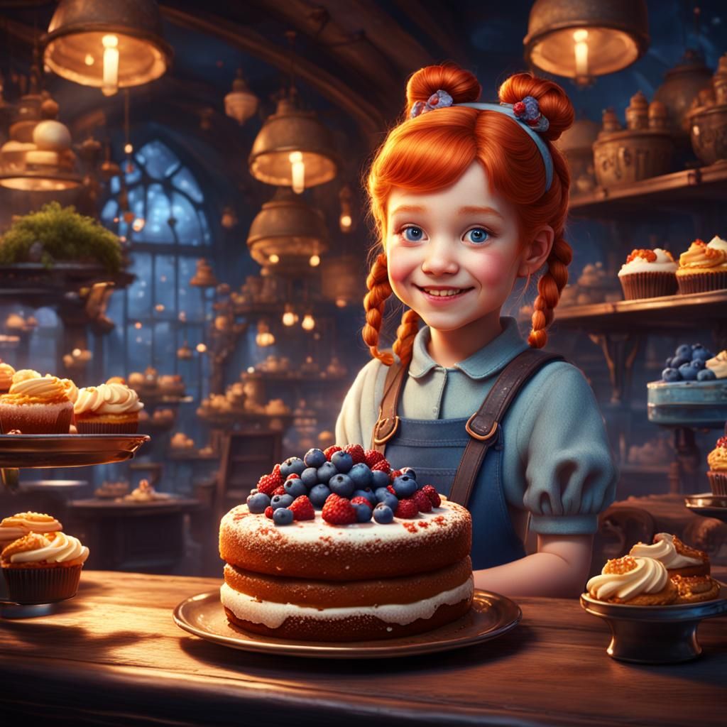 Redhead Girl Selling Cakes in Magic Cafe