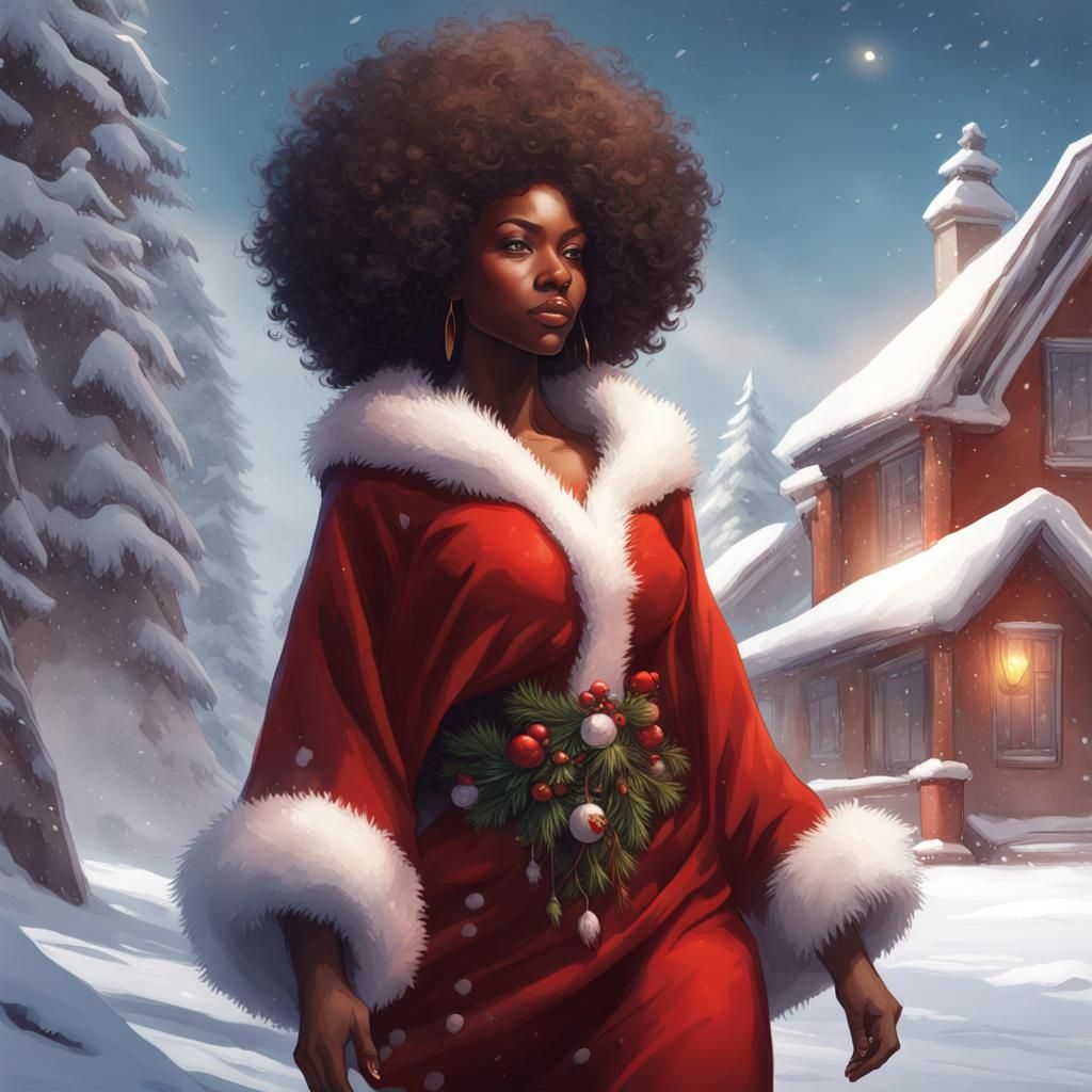 Festive African Woman with Santa Claus in Winter
