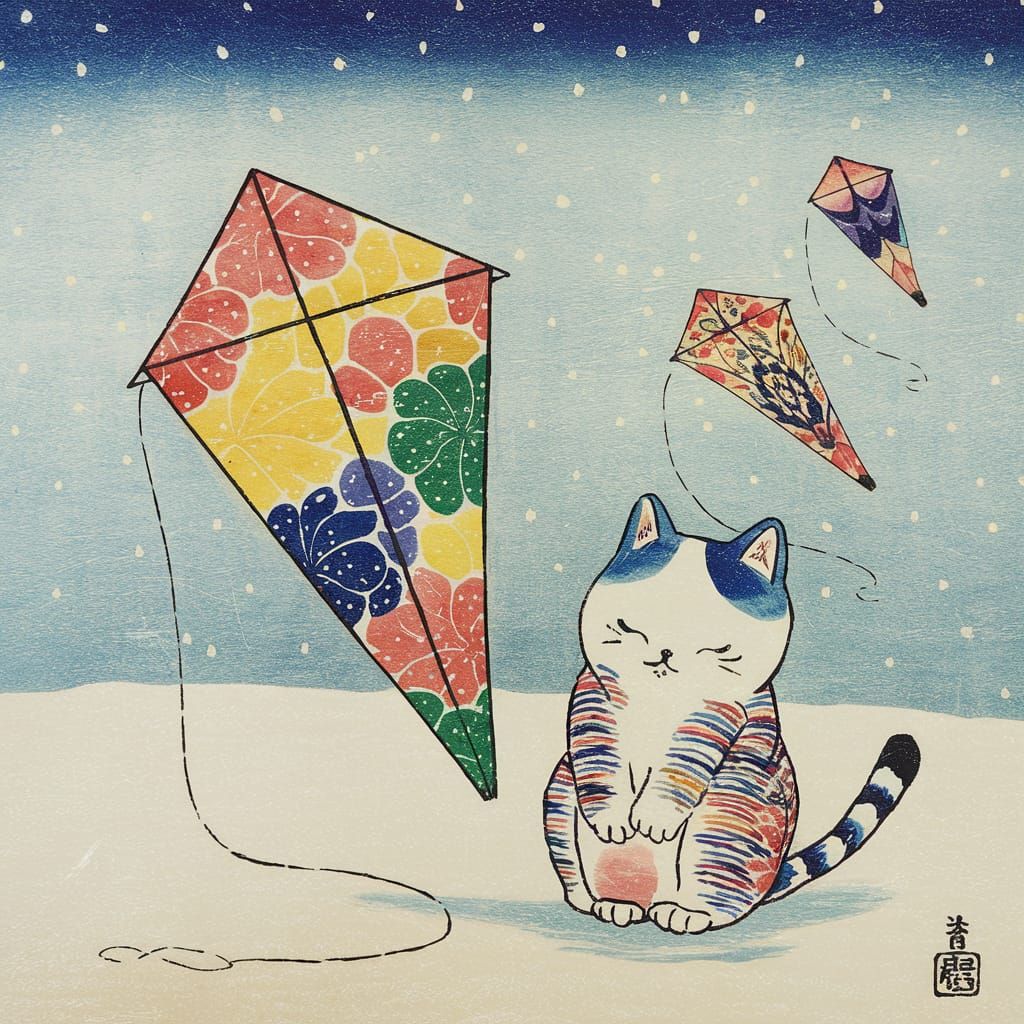 Colourful Japanese Cat Kite Scene in Snowy Sky