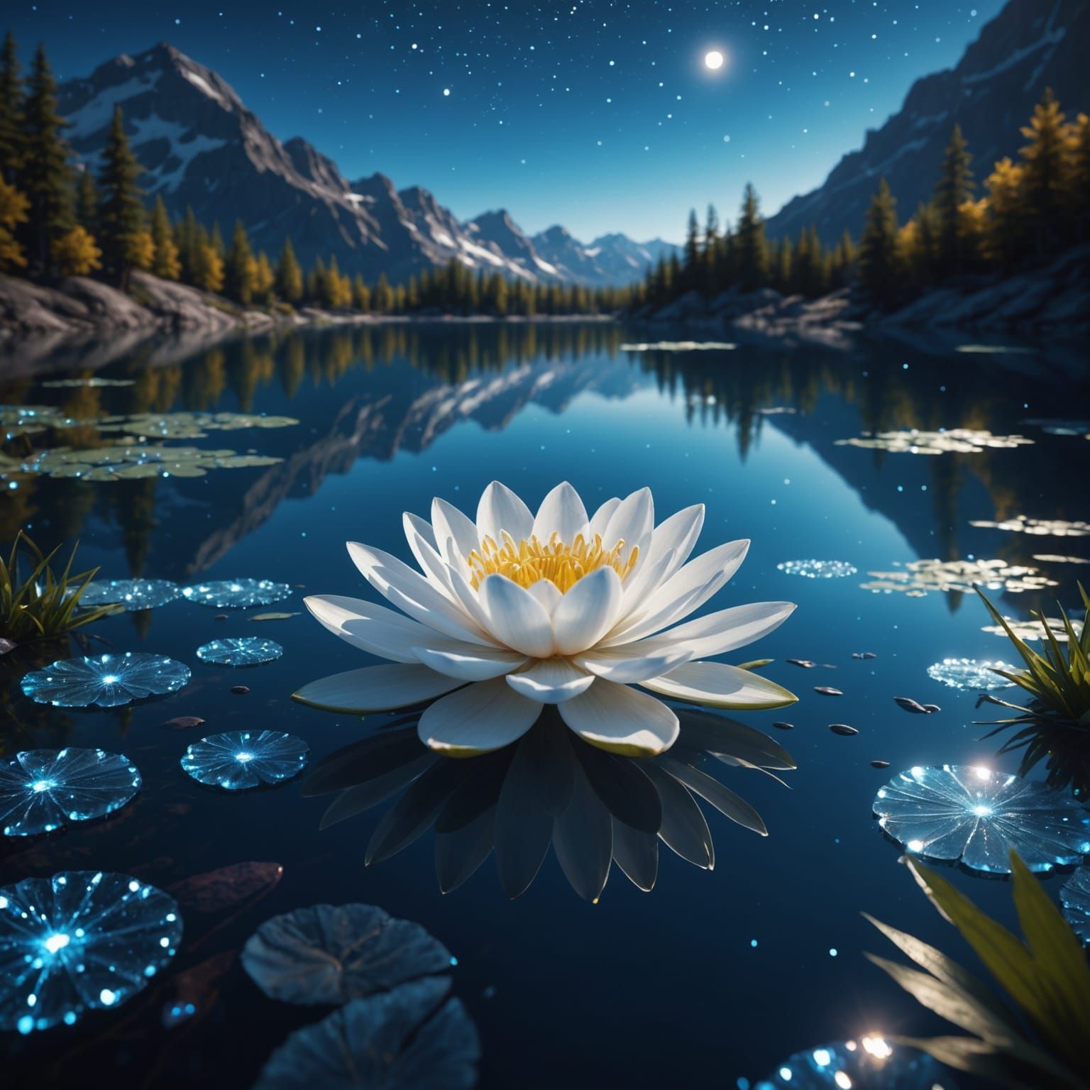 Ethereal Blue Lake Bloom in the Night