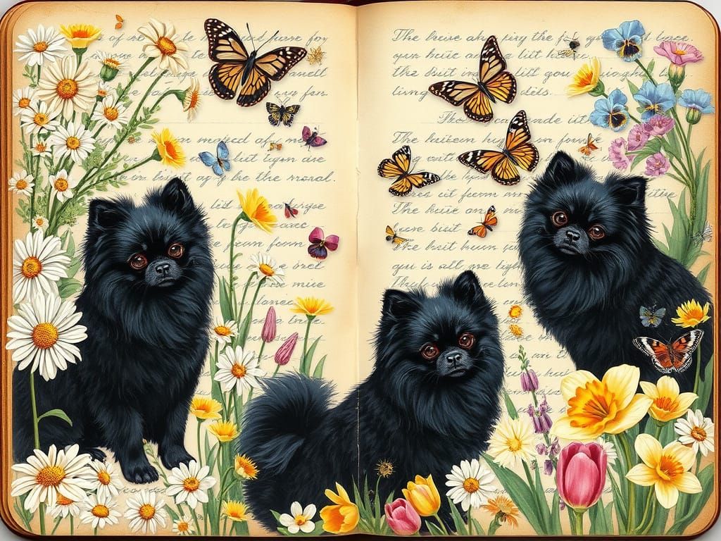 Botanical Journal Page with Black Pomeranians