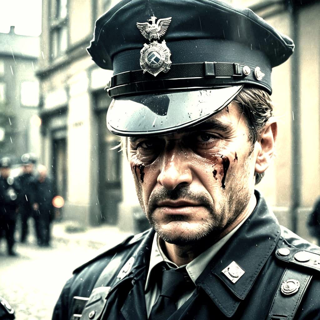 Emotional German Police in Cinematic Still
