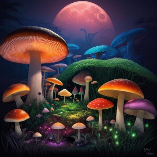 Surreal Mushroom Garden on Crescent Moon