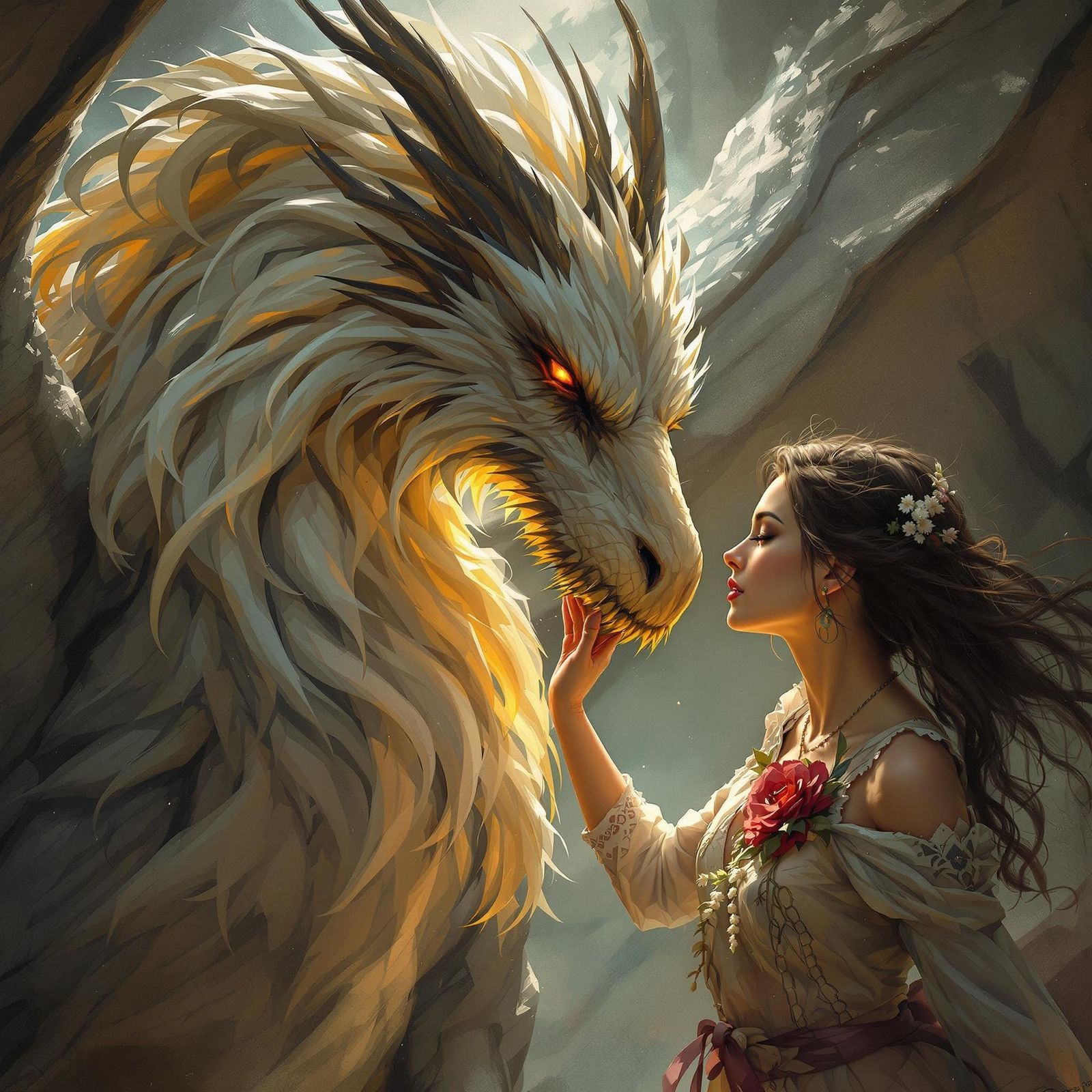 Royo Style Griffin Encounter with Gentle Beauty