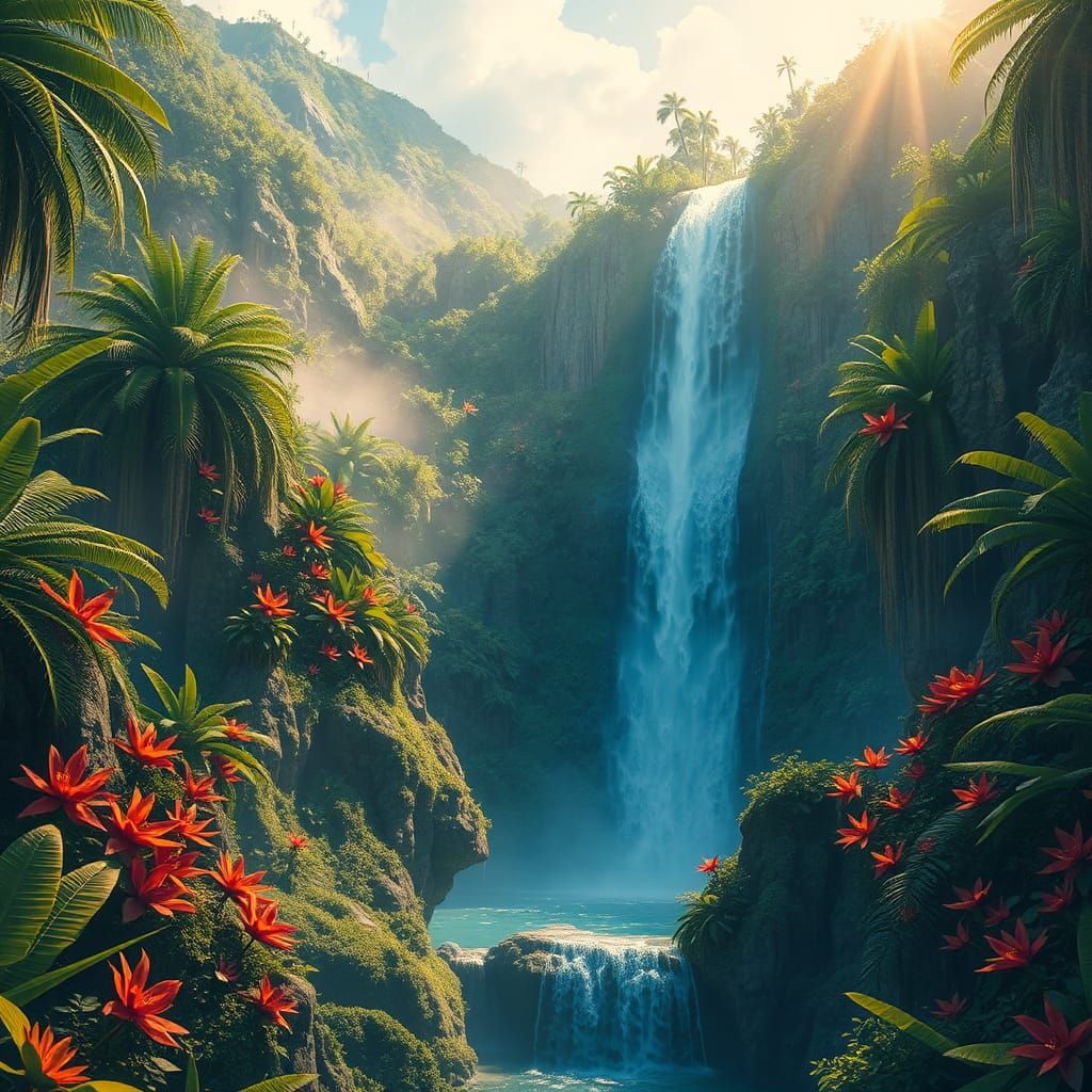 Tropical Waterfall Paradise: Digital Art in Unreal Engine