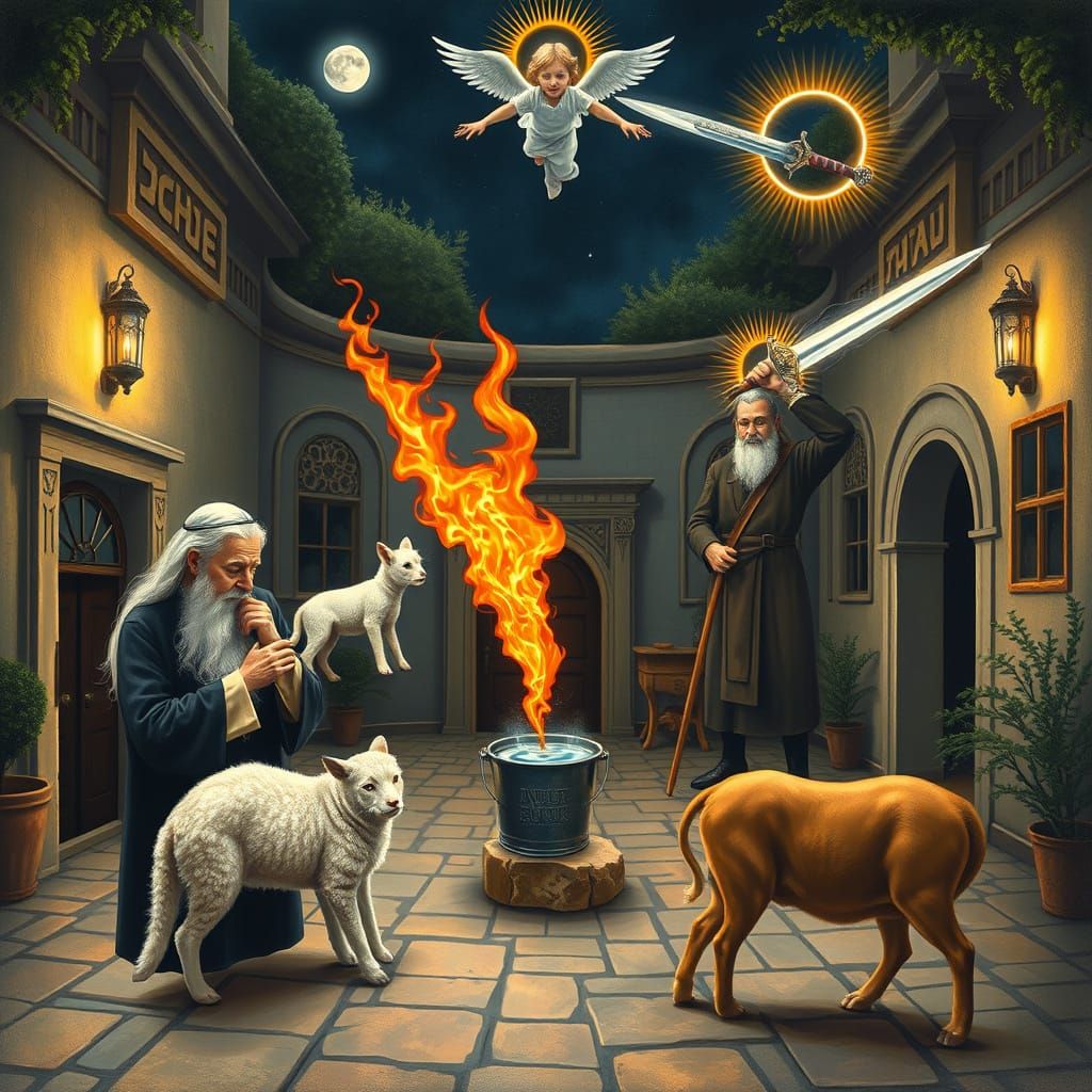 Please draw me a beautiful picture of the story of Had Gadya. You see in this order in a circle one after the other like...