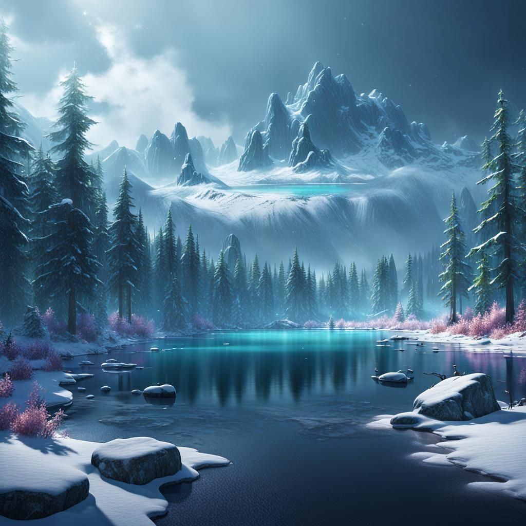 Blizzard Over Forest Lake: Detailed Matte Painting