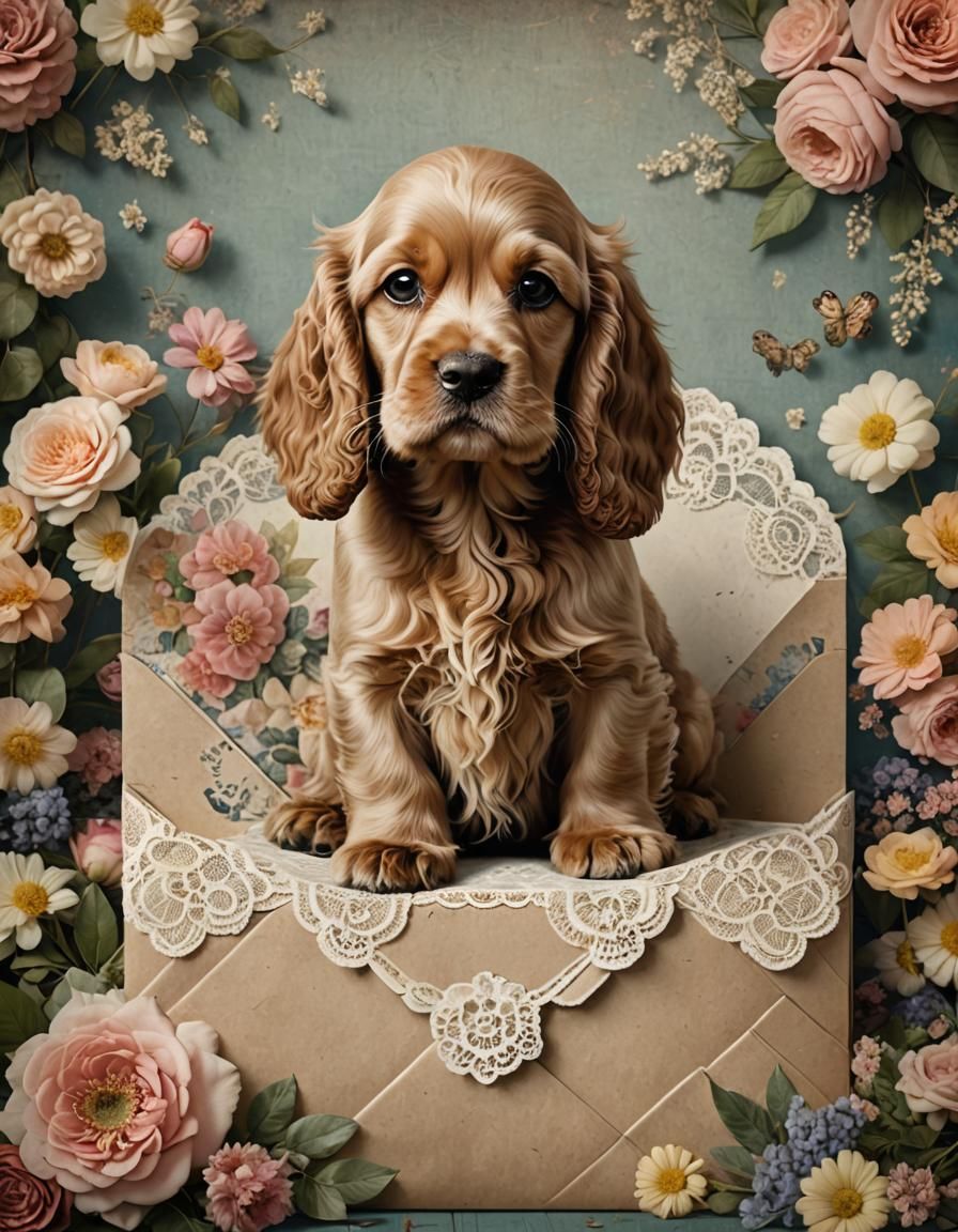 Vintage Cocker Spaniel Puppy in Shabby Chic Setting