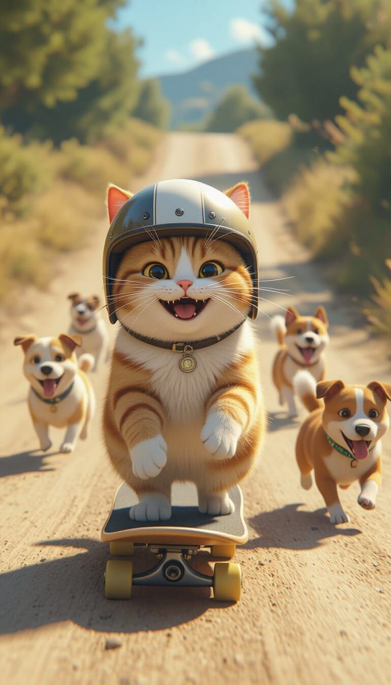 Chubby Cat Skateboard Adventure with Dogs