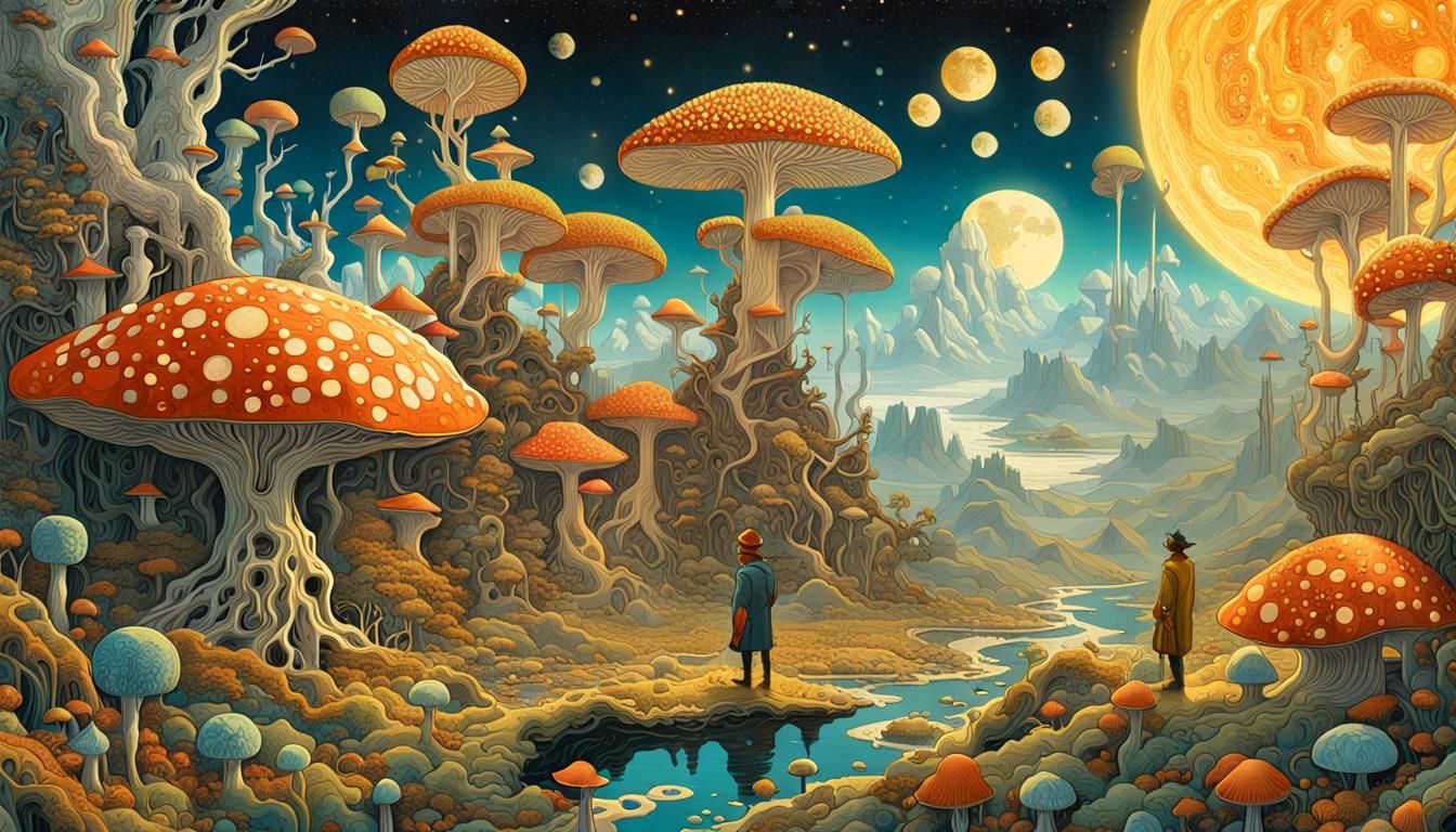 Surreal Celestial Fungi Hunter in Dreamlike Laboratory