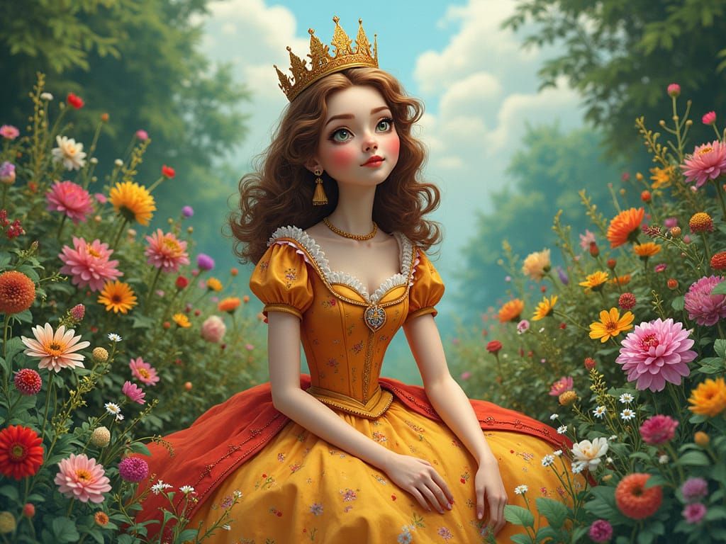 Queen in Vibrant Garden, Botanical Art Style