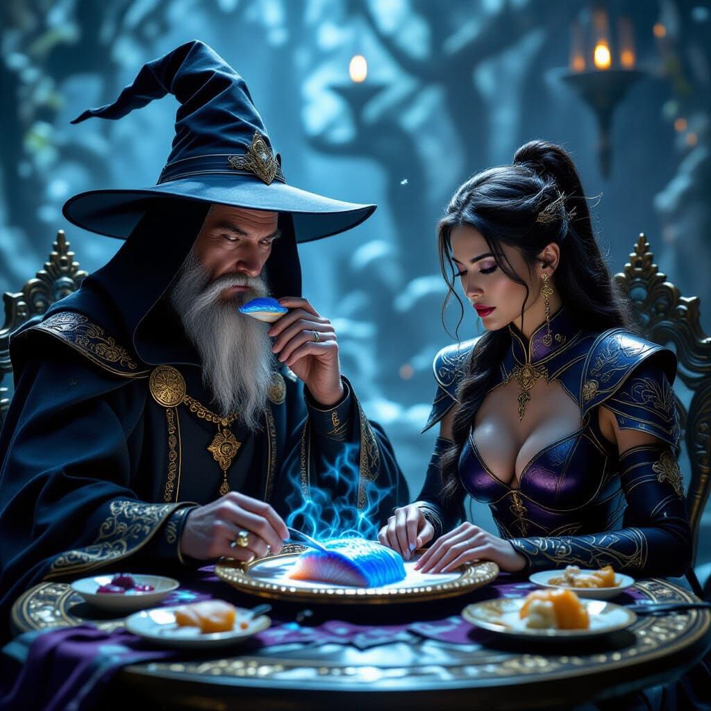 Wizard and Warrior Enjoying Magical Feast in Surreal Style