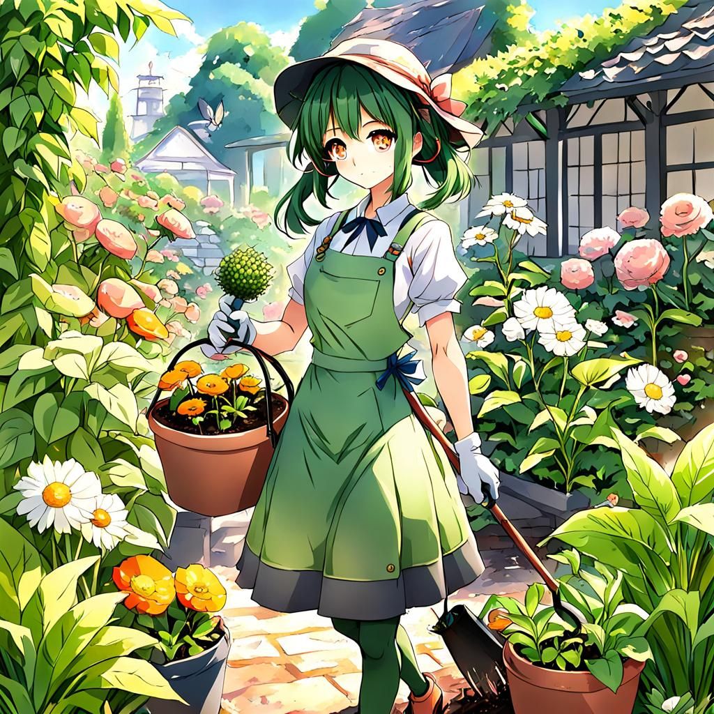 Anime Girl Gardening Illustration