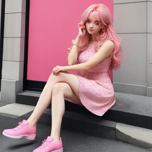 Girl in Pink Dress with Bouncy Pink Hair