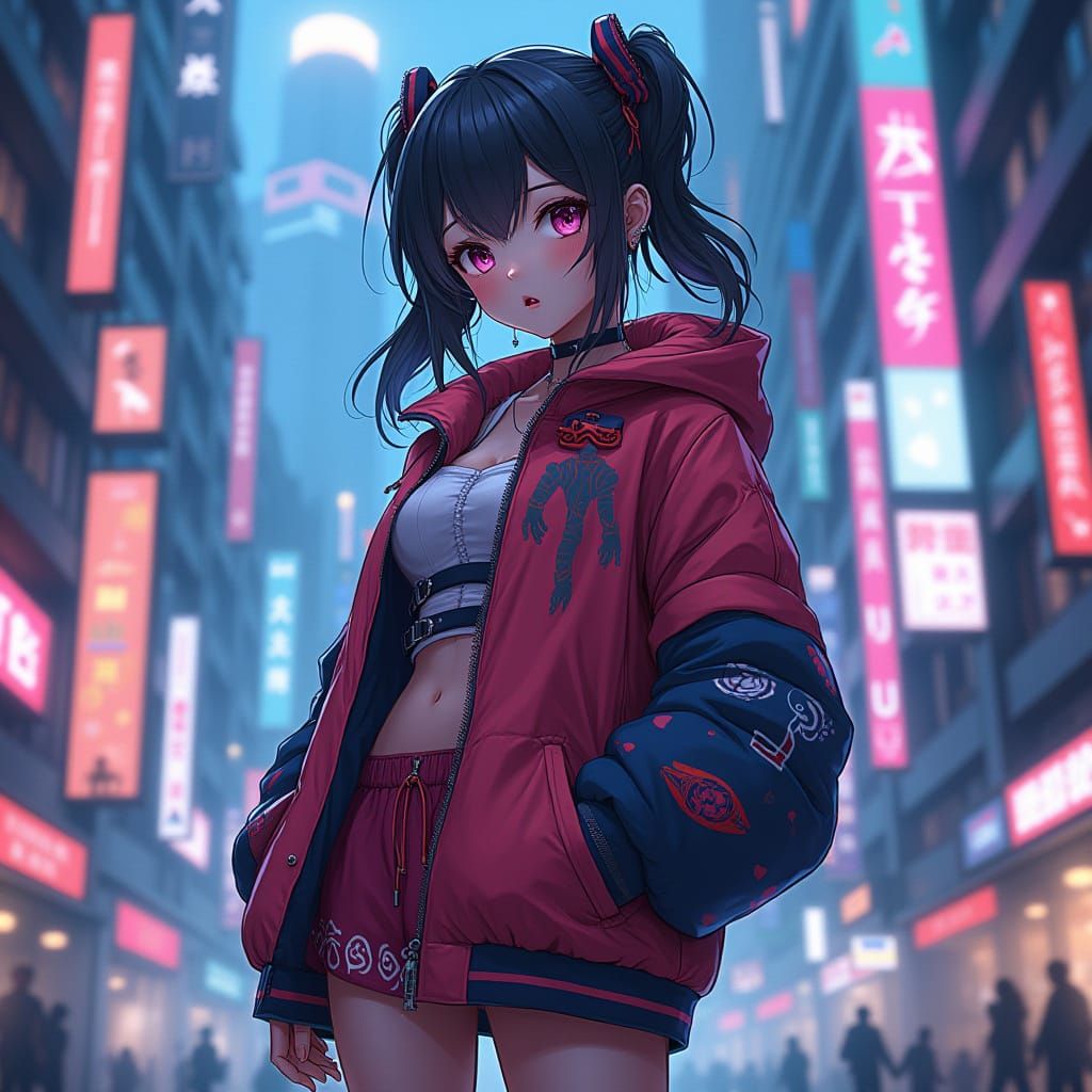Anime Girl in Cyberpunk Cityscape with Neon Lights
