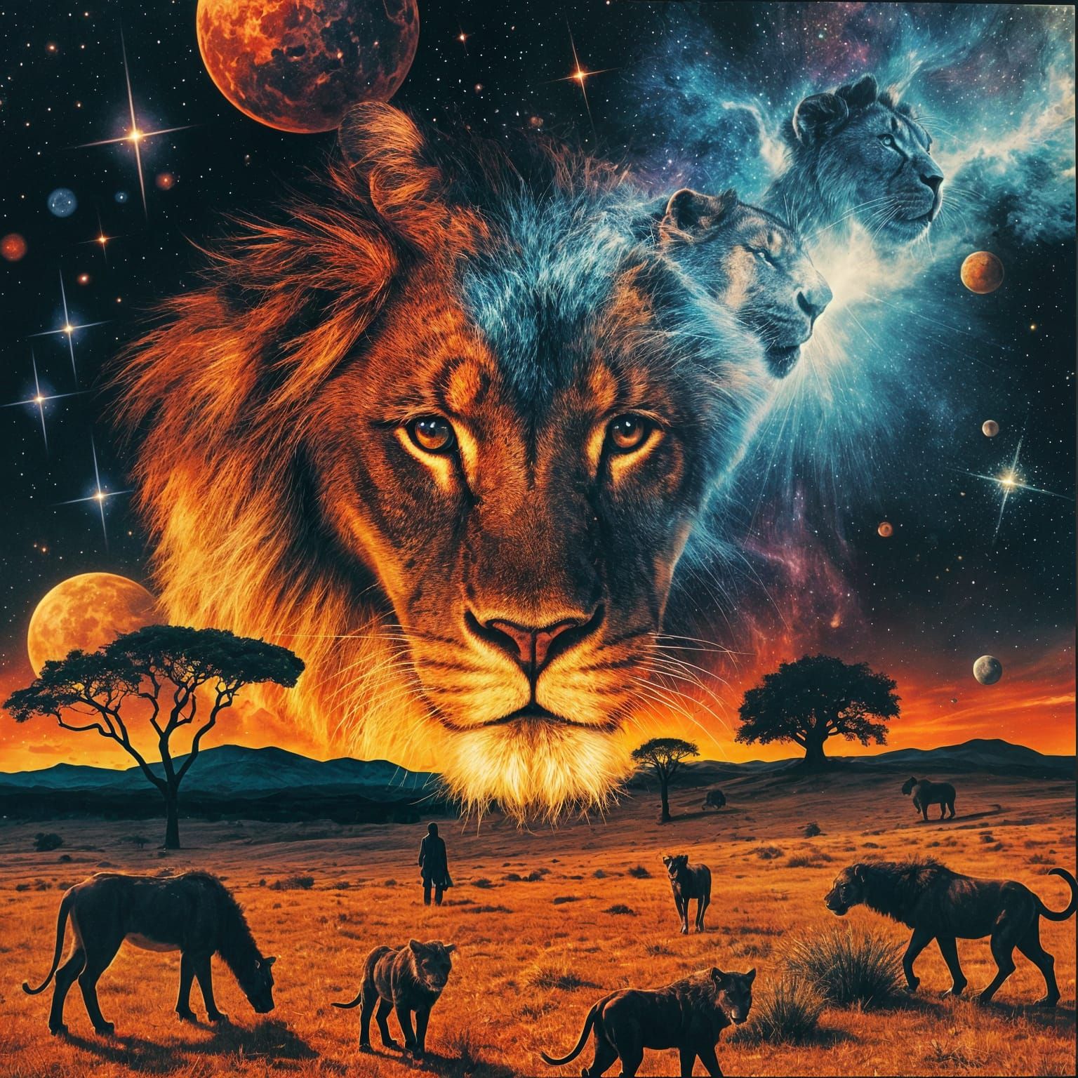 Lion Silhouette Against Nebula and Savanna
