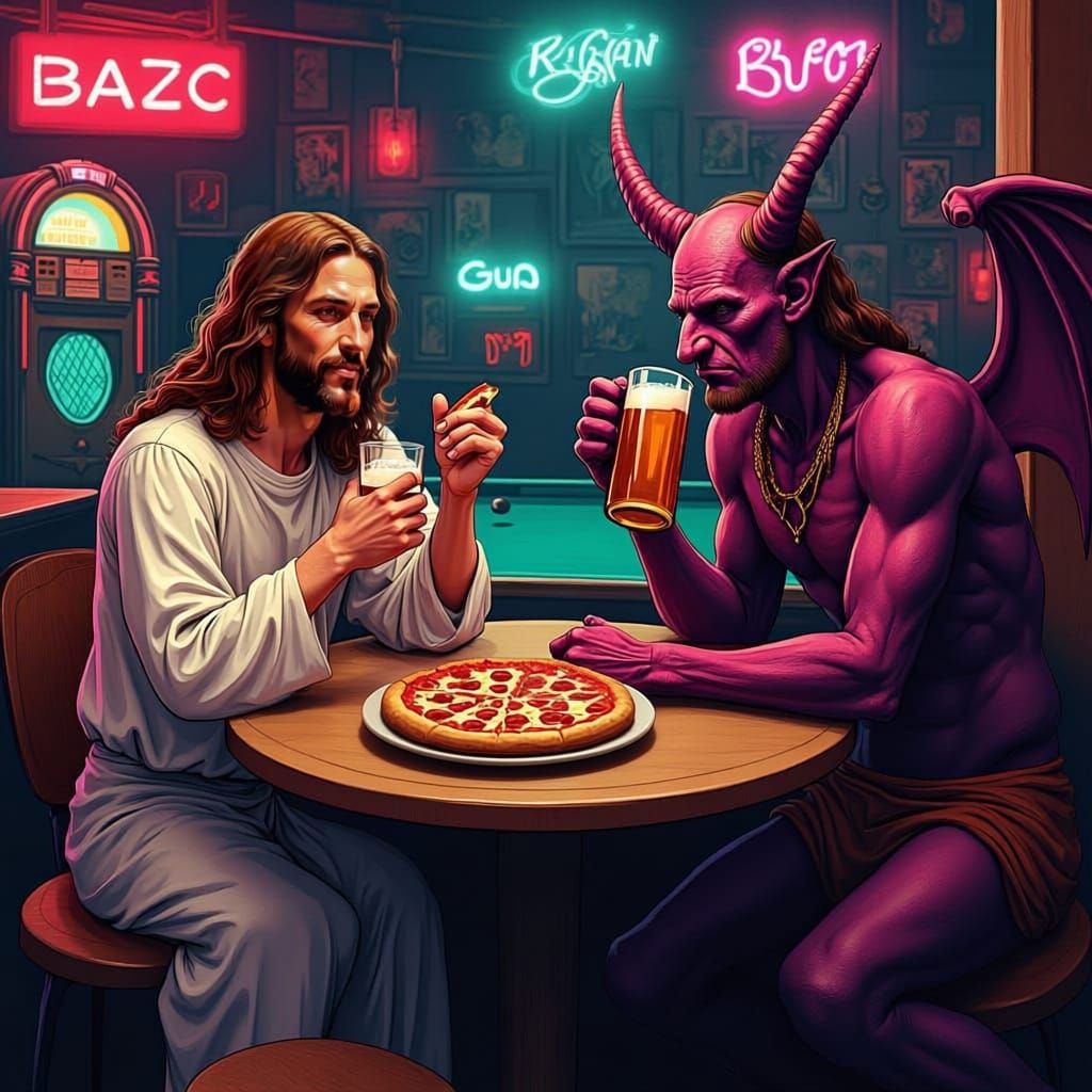 Jesus and Satan Enjoy Pizza and Beer at a Bar