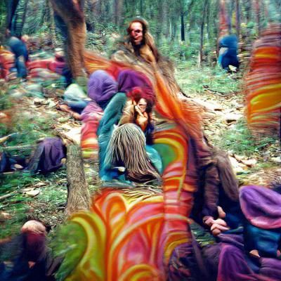 Psychedelic Hippies in a Colorful Forest