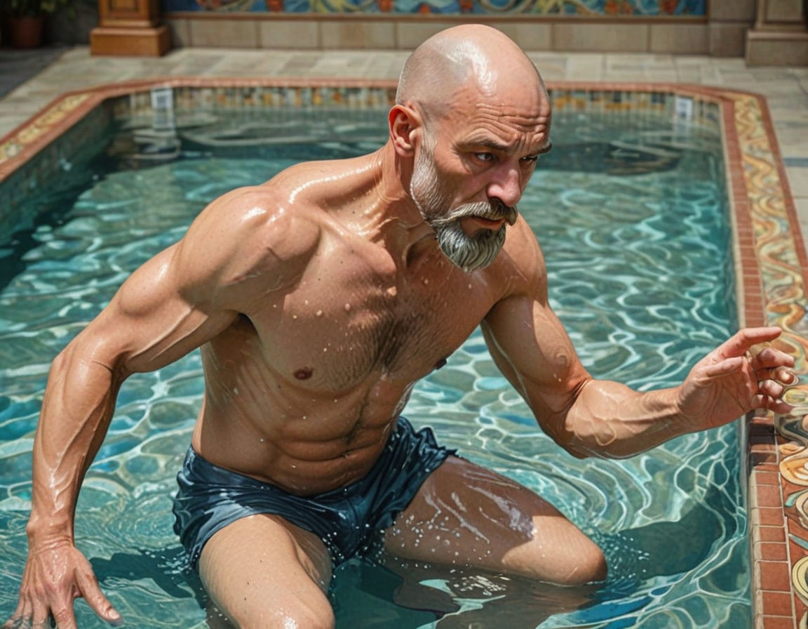 Muscular Man Emerges from Art Nouveau-Inspired Pool Scene