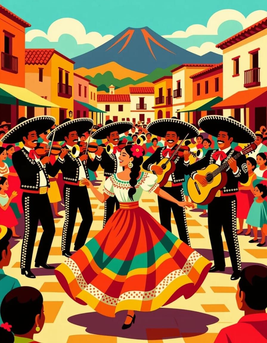 Mid-Century Mexican Town Square with Mariachi Band