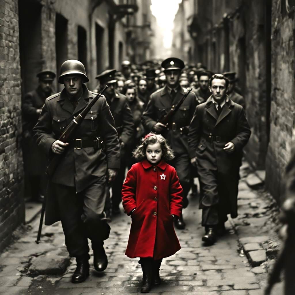 Warsaw Ghetto: Girl in Red Coat, Black and White