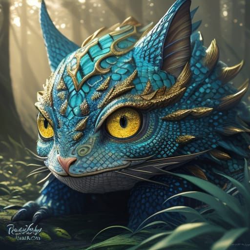 Cute Scaly Fantasy Creature with Big Eyes in Forest