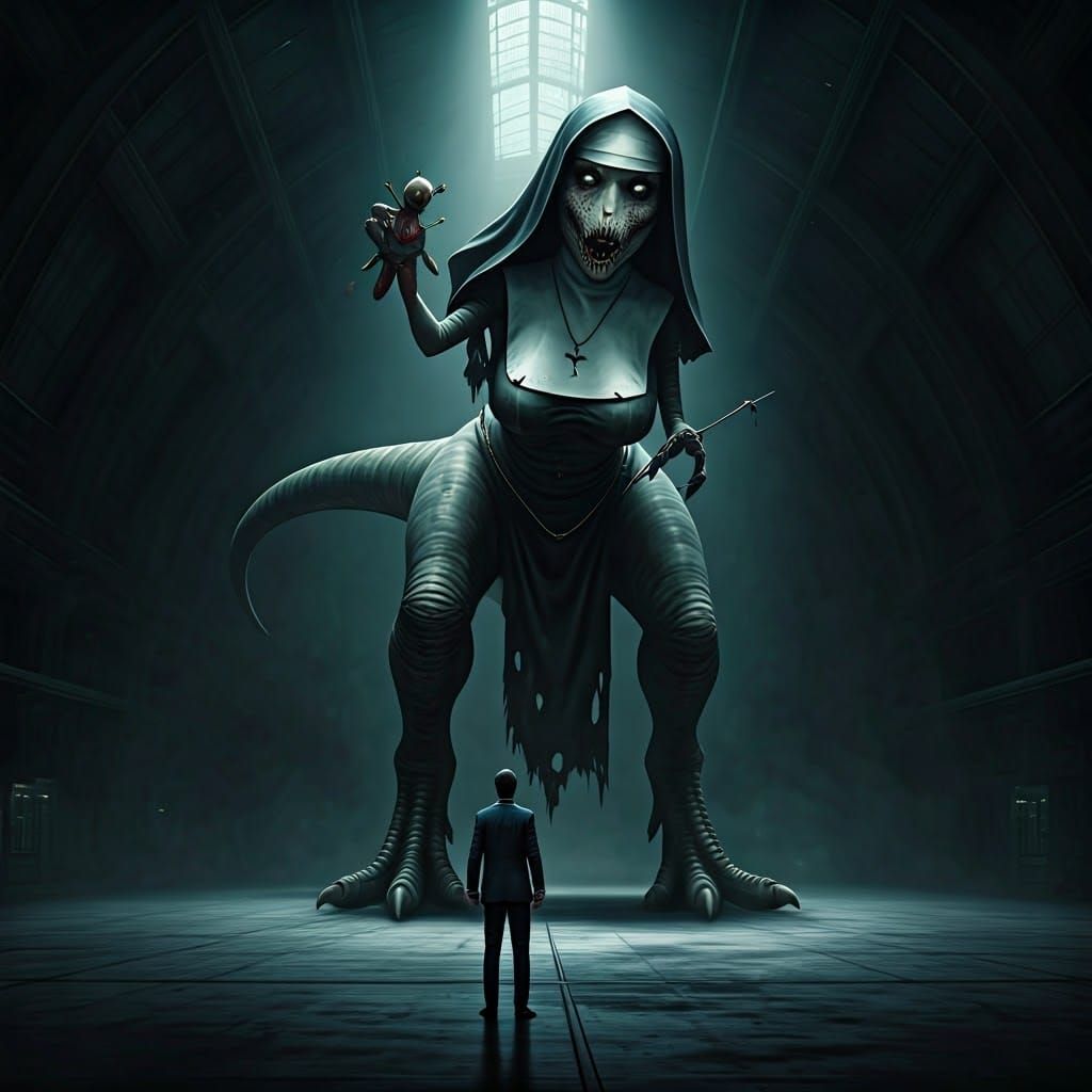 Man Trapped in Dark Room by Giant T Rex in Witch Outfit