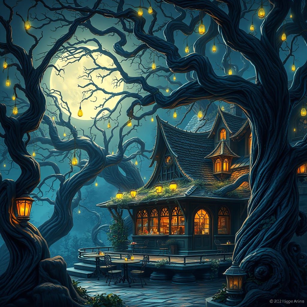 Moonlit Haven: A Fantastical Cafe Amidst Ancient Woodland