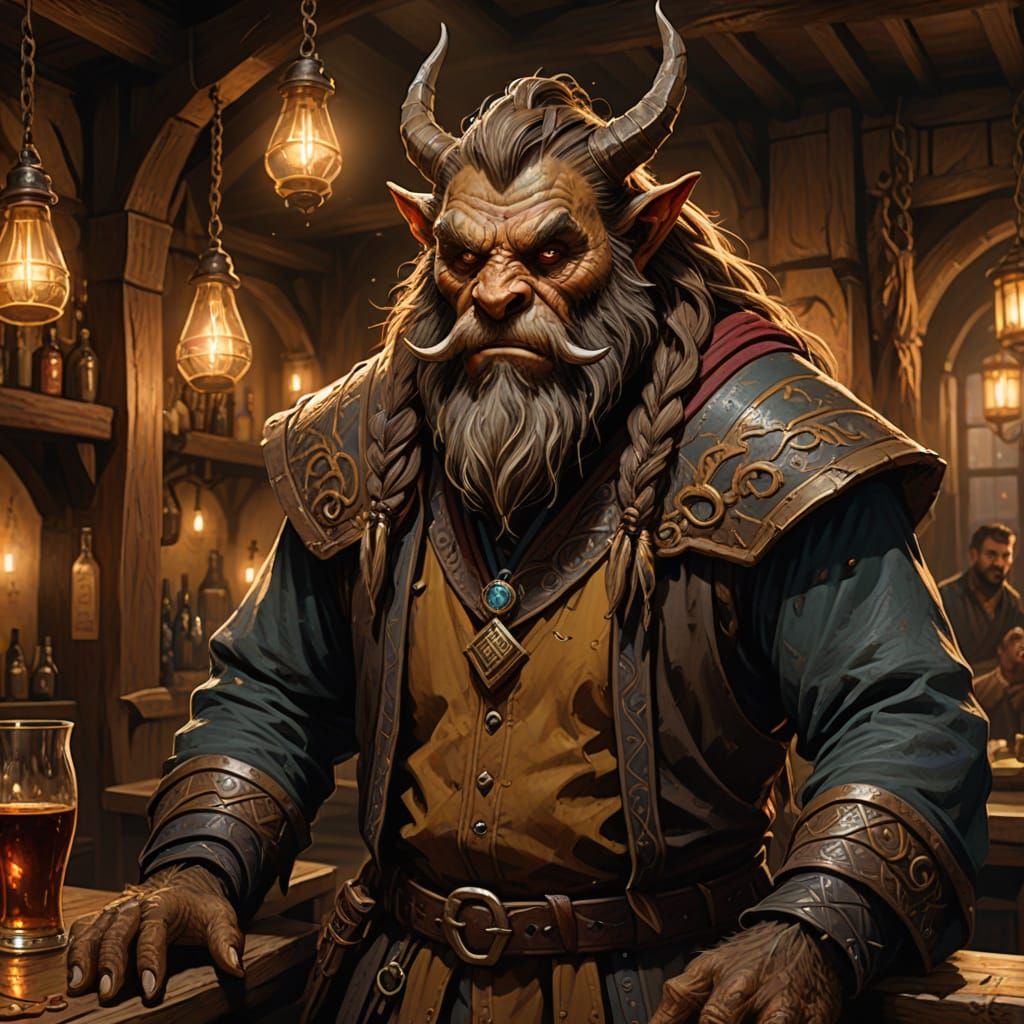 Bugbear Wizard in Dim Tavern: Hyperrealistic Concept Art
