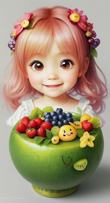 Adorable portraits of chibi fruits, with bright, cheerful compositions that evoke feelings of joy, happiness, and pure, ...
