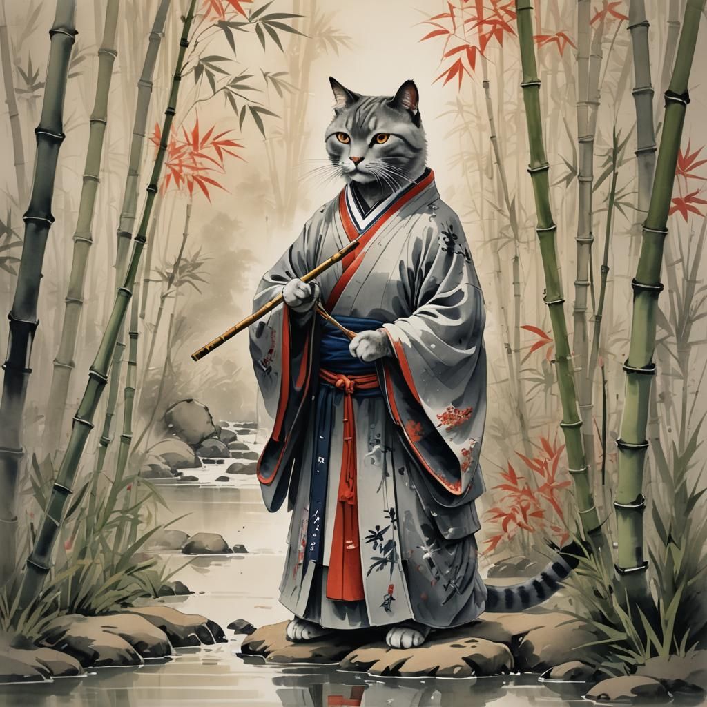 Old Gray Cat in Kung Fu Robes, Sumi-e Painting