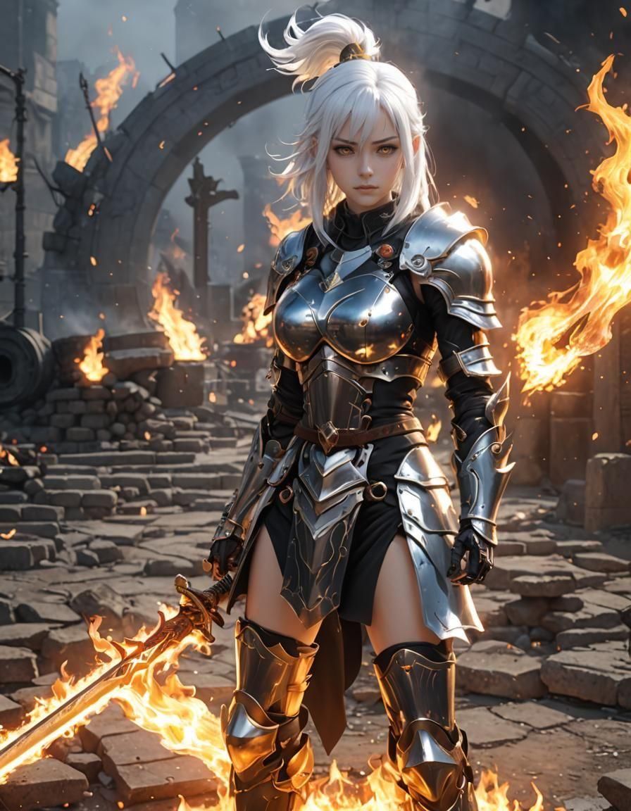 Fiery Anime Girl with Claymore in Black Armor