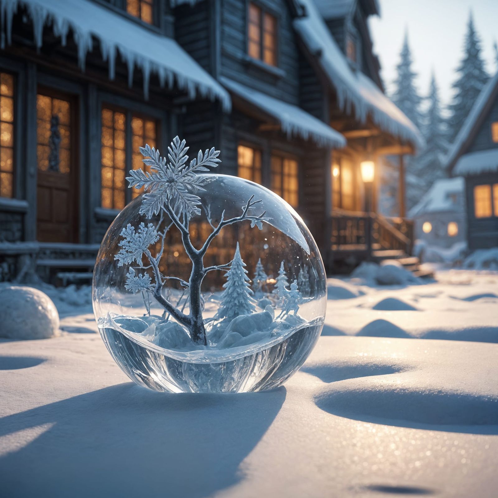 Serene Ice Town Scene with Intricately Carved Ice Sculptures...
