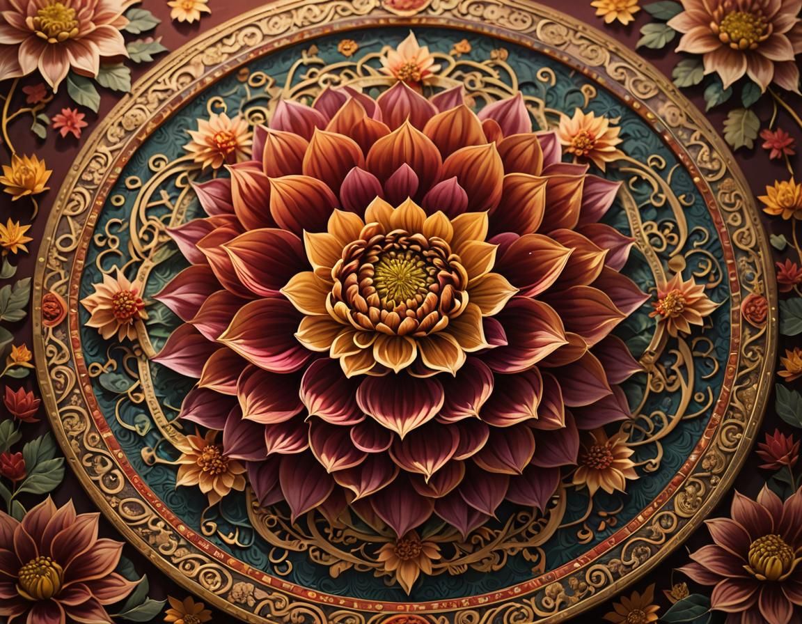 Intricate Tibetan tangka art with dahlias. Medium shot. Deli...
